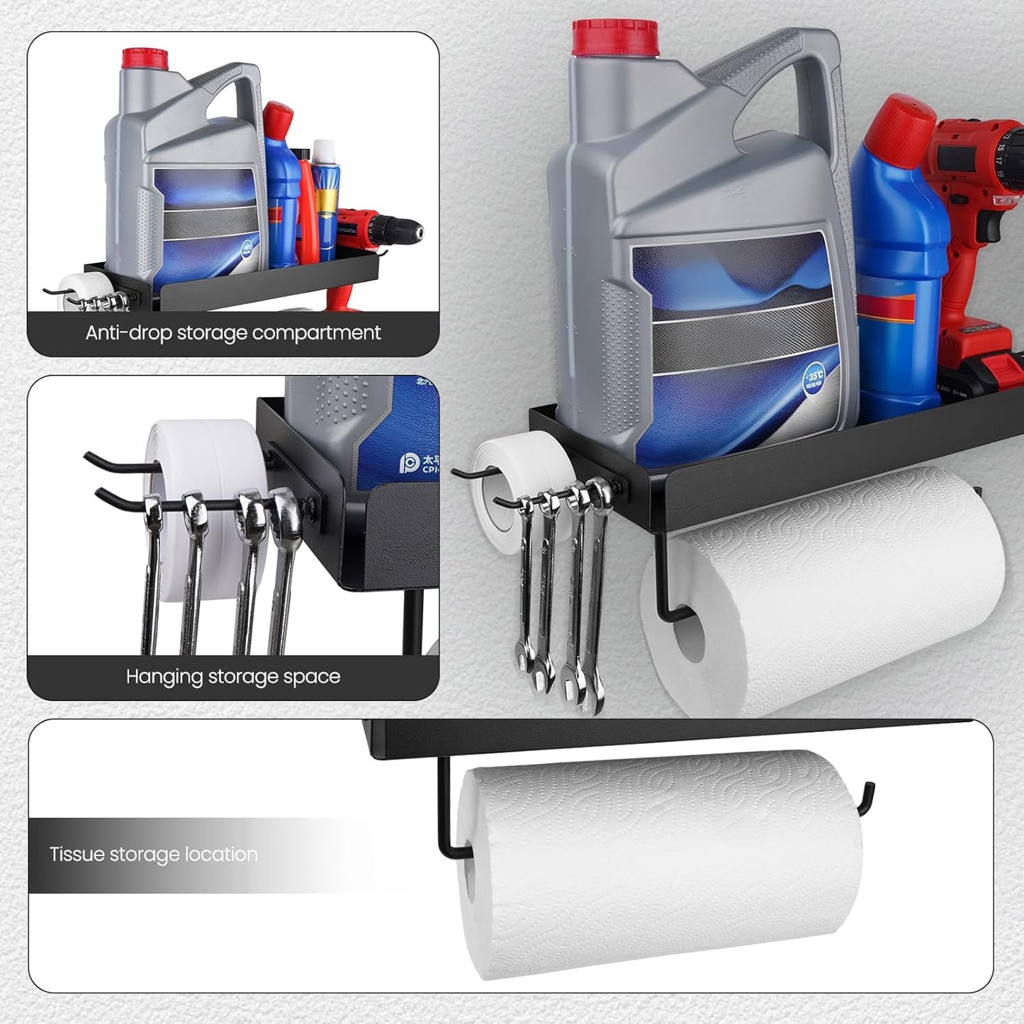 Tongyuyan 2 Garage Paper Towel Holder with Shelf & Detachable Hooks - Wall Mount Shop Towel Holder & Paper Towel Holder