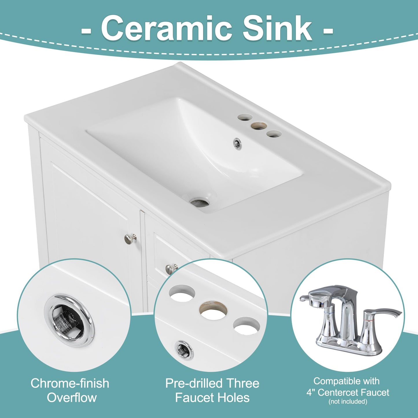 30" Bathroom Vanities with Ceramic Sink, Storage Cabinet with 3 Drawers and Door Shelf, Soft-Closing Door, Solid Wood Legs, White