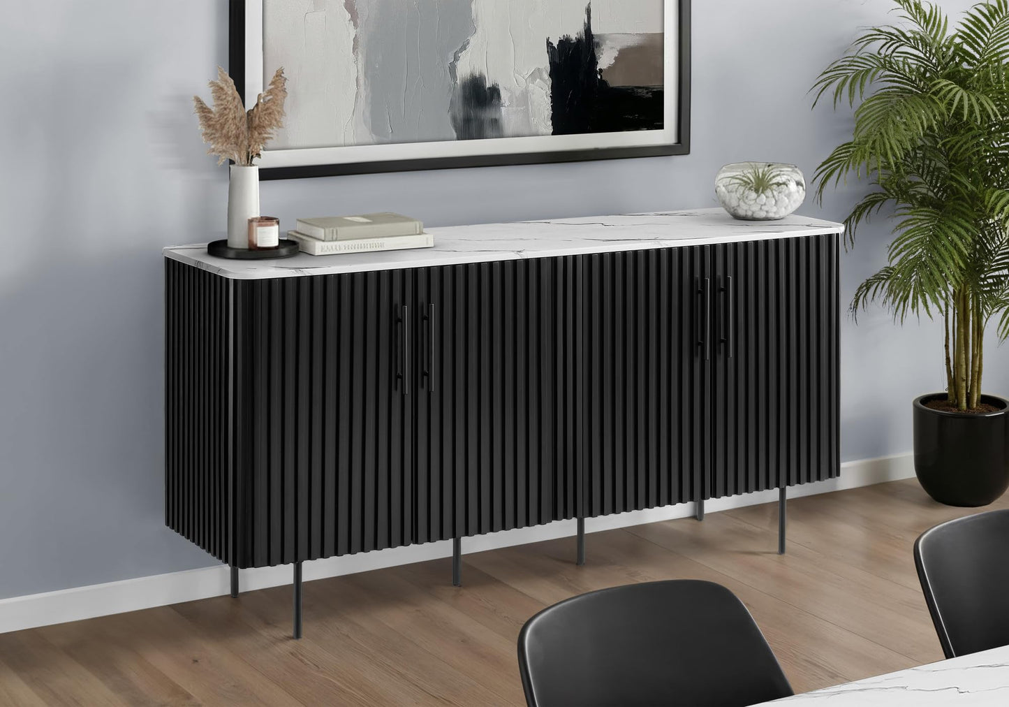 Monarch Specialties I 1225 Cabinet, 66" Wide, Sideboard, Buffet, Dining Room, White Faux Marble, Black Laminate, Contemporary, Modern