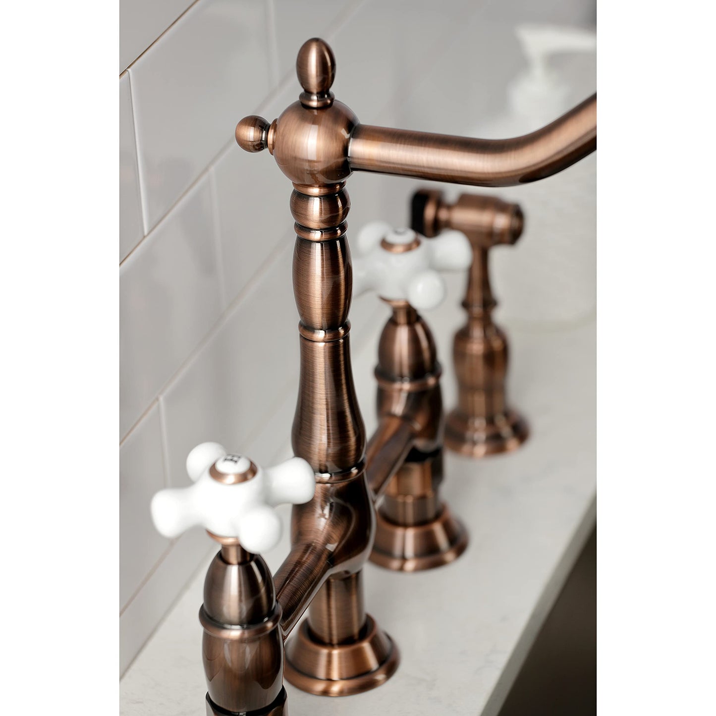 Kingston Brass KS127PXBSAC Heritage Bridge Kitchen Faucet with Brass Sprayer, Antique Copper