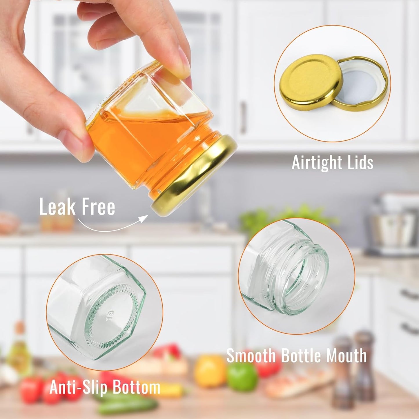 48 Pack 2 oz EkkoVla Hexagon Mini Glass Honey Jars, Small Honey Jars with Golden Lids, Wooden Dipper, Bee Pendants