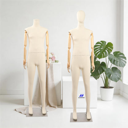 Full Body Male Mannequin with Articulated Wood Arms, Premium Linen Covered Dress Form with Heavy Metal Base, Posable Retail Display Dummy for Boutique Window & Streetwear(Cloth Head)