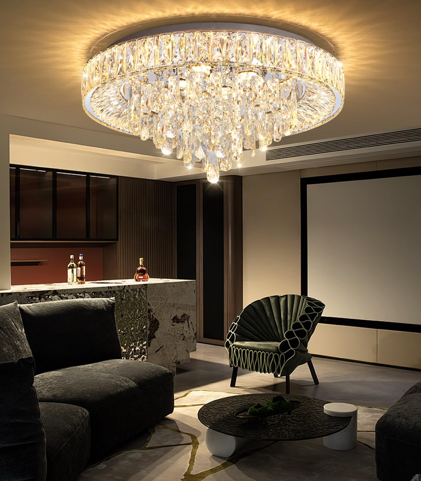 dolria 23.6" Modern Crystal Chandeliers LED Dimmable Flush Mount Ceiling Chandeliers for Living Room Entrance Foyer Bedroom Silver