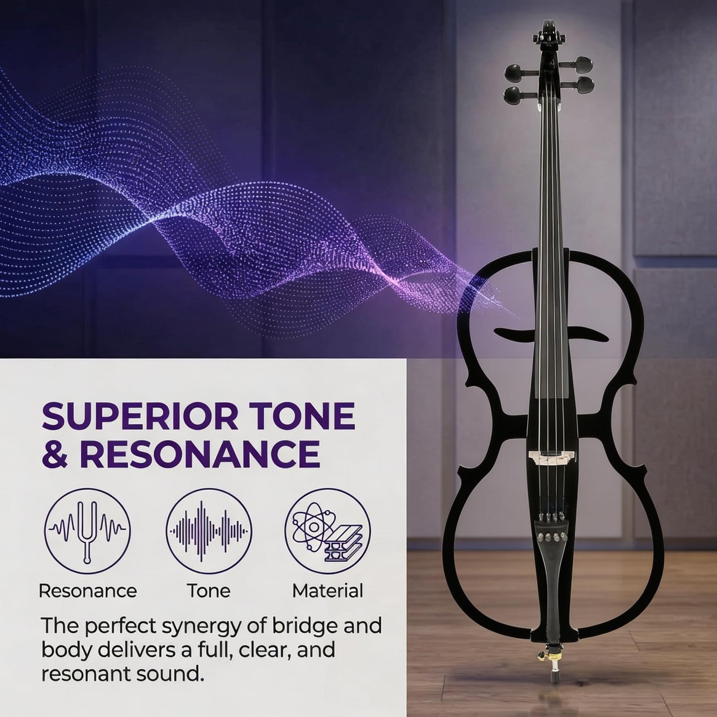 Verahaus Electric Cello 4/4 Full Size Ebony Fittings with Lightweight Cello Bag, Headphones, Bow, Bridge, Rosin, Cello for Beginners Adults(Metallic Black)