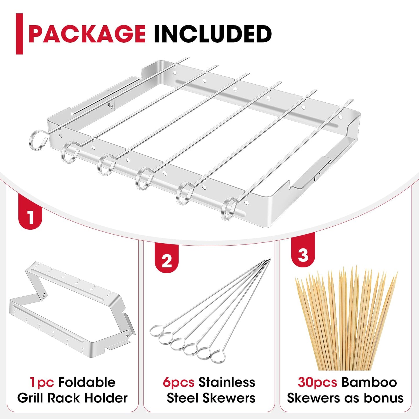Unicook Upgraded Stainless Steel BBQ Shish Kabob Set, Large Foldable Grill Rack with 6pcs 13.5"L Barbecue Skewer, Keeps Kabobs from Sticking to the Grill Grate, 30pcs Bamboo Skewers as Bonus