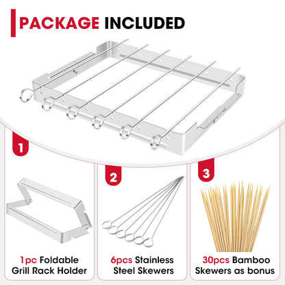 Unicook Upgraded Stainless Steel BBQ Shish Kabob Set, Large Foldable Grill Rack with 6pcs 13.5"L Barbecue Skewer, Keeps Kabobs from Sticking to the Grill Grate, 30pcs Bamboo Skewers as Bonus