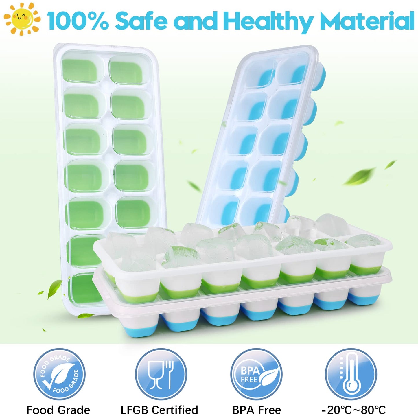 Silicone Ice Cube Tray, 8 Pack Easy-Release & Flexible 14-Ice Cube Trays with Spill-Resistant Removable Lid, Stackable Ice Trays with Covers for Freezer, Cocktail (4 Blue + 4 Green)