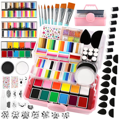 Professional Face Painting kit 110 Colors Split Cake Face Paint 96 pcs Set Non-Toxic Washable & Safe with Brushes Sponges Glitter Stencils for Halloween Makeup Kit for Pro Face Painter full kit