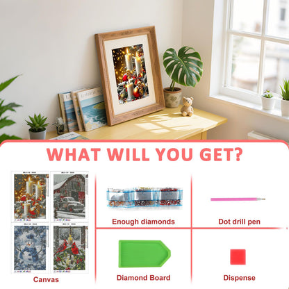 Skyboda 4 Pack Christmas Diamond Art Kits for Adults Beginners, 5D Full Drill DIY Diamond Dot Gem Art Kit Wall Home Decor Arts Craft 12x16 inch(Candles Truck Snowman Cardinal)