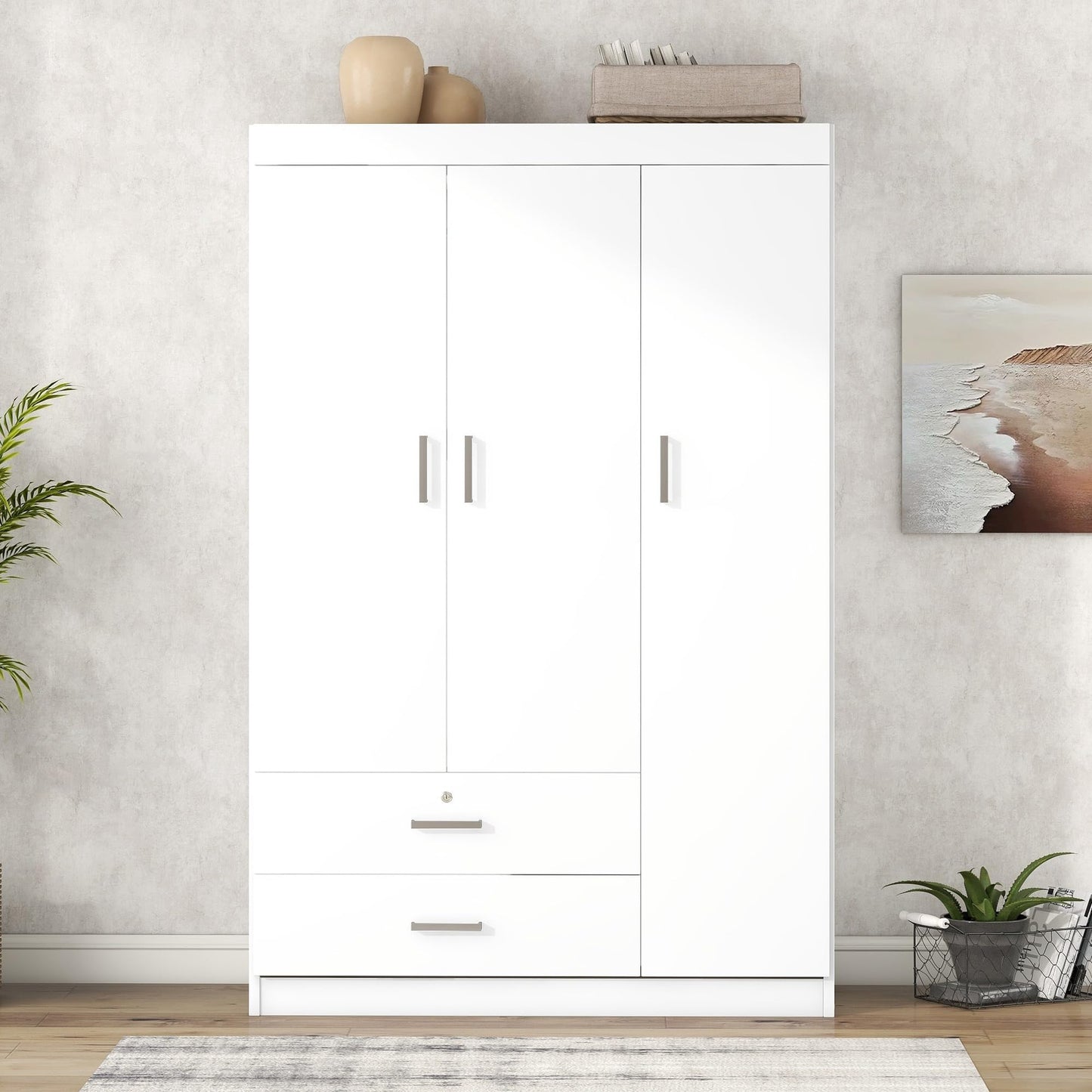 3 Door Wardrobe Cabinet Closet with Storage Drawers, Shelves and Hanging Rail for Clothes, Bedroom Organizer