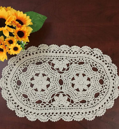 Hetao 11X19 Inch 100% Doilies-2pc Cotton Handmade Lace Crochet Oval Table mats Placemats Doily Beige