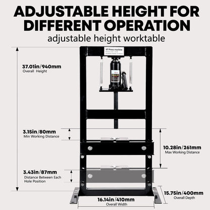 6 Ton Hydraulic h-Frame Shop Press, Heavy Duty Press with Adjustable Table & Stamping Plates for Auto Repair, Garage, Metalworking, Industrial Use - Black