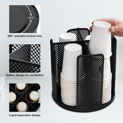 Black Rotated Cup and Lid Dispenser, Paper Cup Holder for Countertop with 4 Compartments for Coffee Station