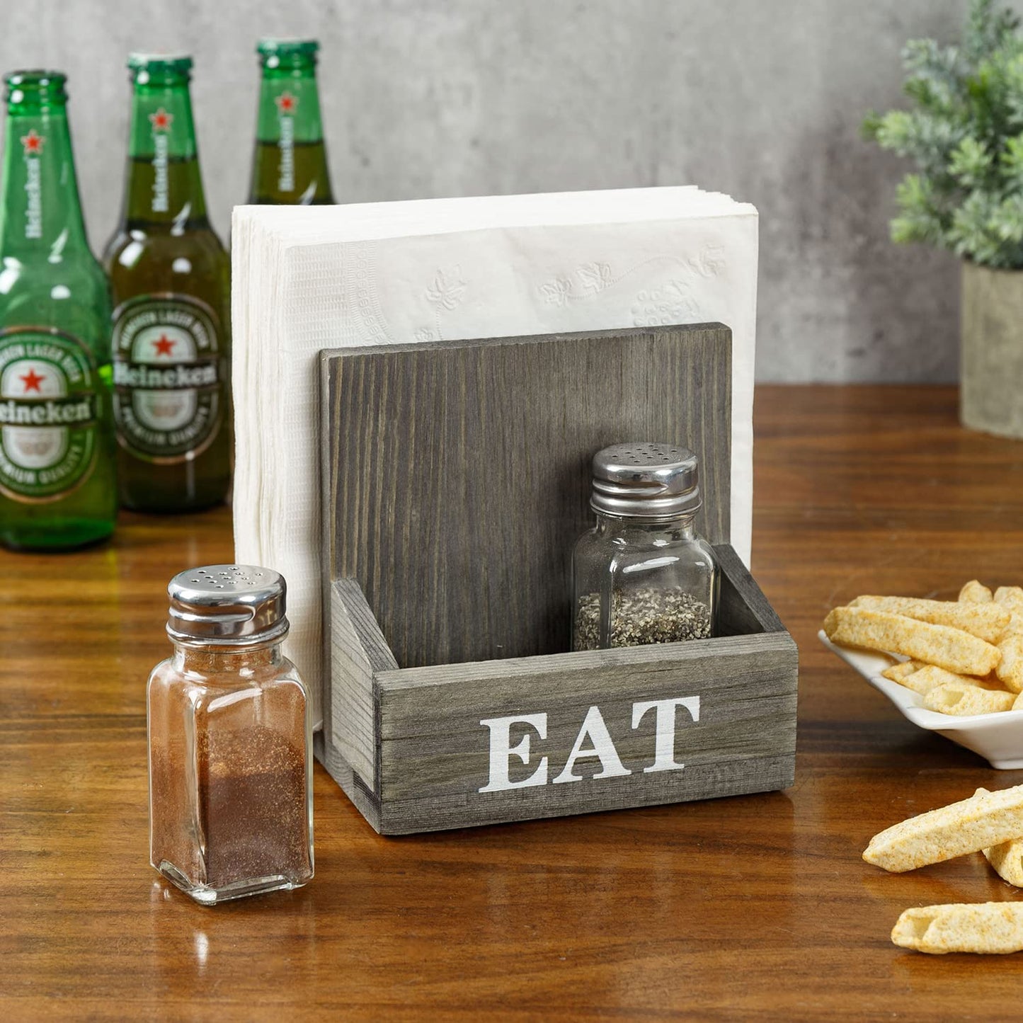 MyGift Napkin Holder with Salt and Pepper Shakers, Vintage Gray Solid Wood Table Napkin Holder, 2 Compartment Salt and Pepper Holder and Condiment Server with White EAT Label