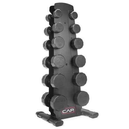 CAP 210 lb Rubber Coated 12-Sided Dumbbell Set with Vertical Rack, Space-Saving Storage for Home Gym Strength Training, Black Handle, Black Rack