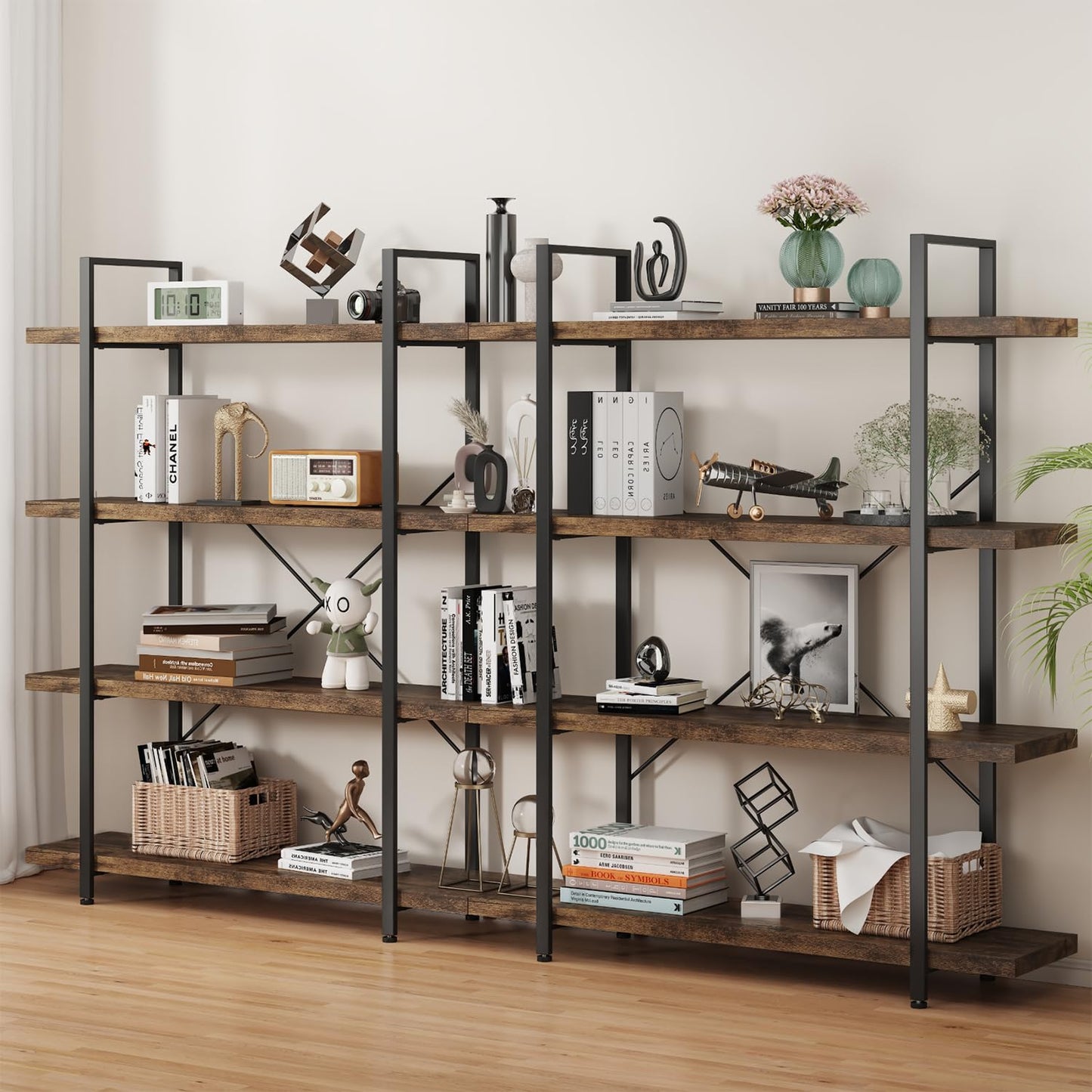 OtterOasis Bookshelf Set, Heavy Duty 4-Tier Industrial Bookcase, 47" Wide Wood Bookshelf for Home Office, 120lbs Shelf Capacity, Rustic Open Display with Horizontal Shelf for Living Room Bedroom
