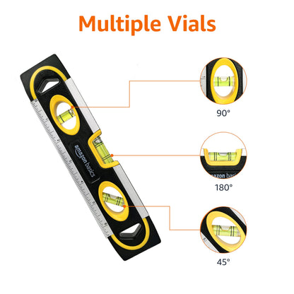 Amazon Basics 9-Inch Magnetic Torpedo Level and Ruler, 180/90/45 Degree Bubbles, Black