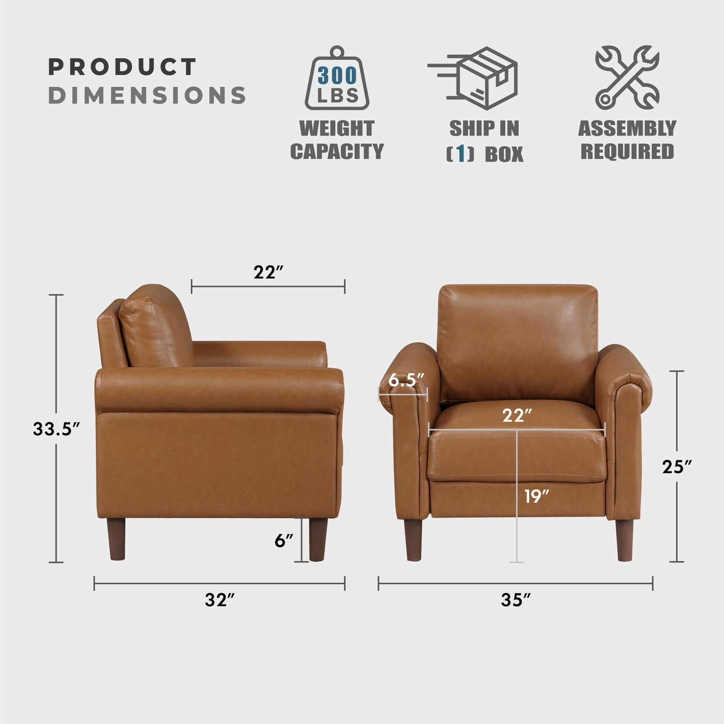 Lexicon 35" W Living Room Accent Chair, Faux Leather Upholstered Armchair with Rolled Armrest for Bedroom/Office/Waiting Room, Single Sofa Chair, Brown