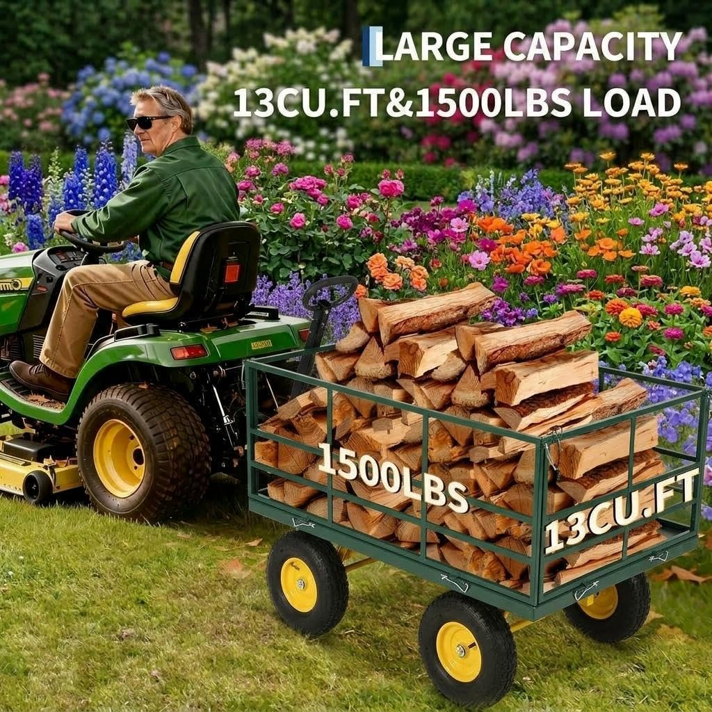 4-in-1 Heavy Duty Steel Garden Yard Cart - 1500 lbs Capacity - 13 Inch All-Terrain Wheels - Removable Mesh Sides - Dark Green Frame, Yellow Hubs, Black Handlebars