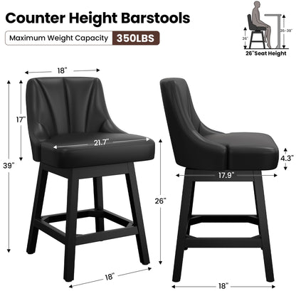 REONEY Swivel Bar Stools Set of 4, 26inch PU Leather Upholstered Counter Height Barstools, Modern Kitchen Island Chairs with Back and Solid Wood Legs for Home Bar, Black