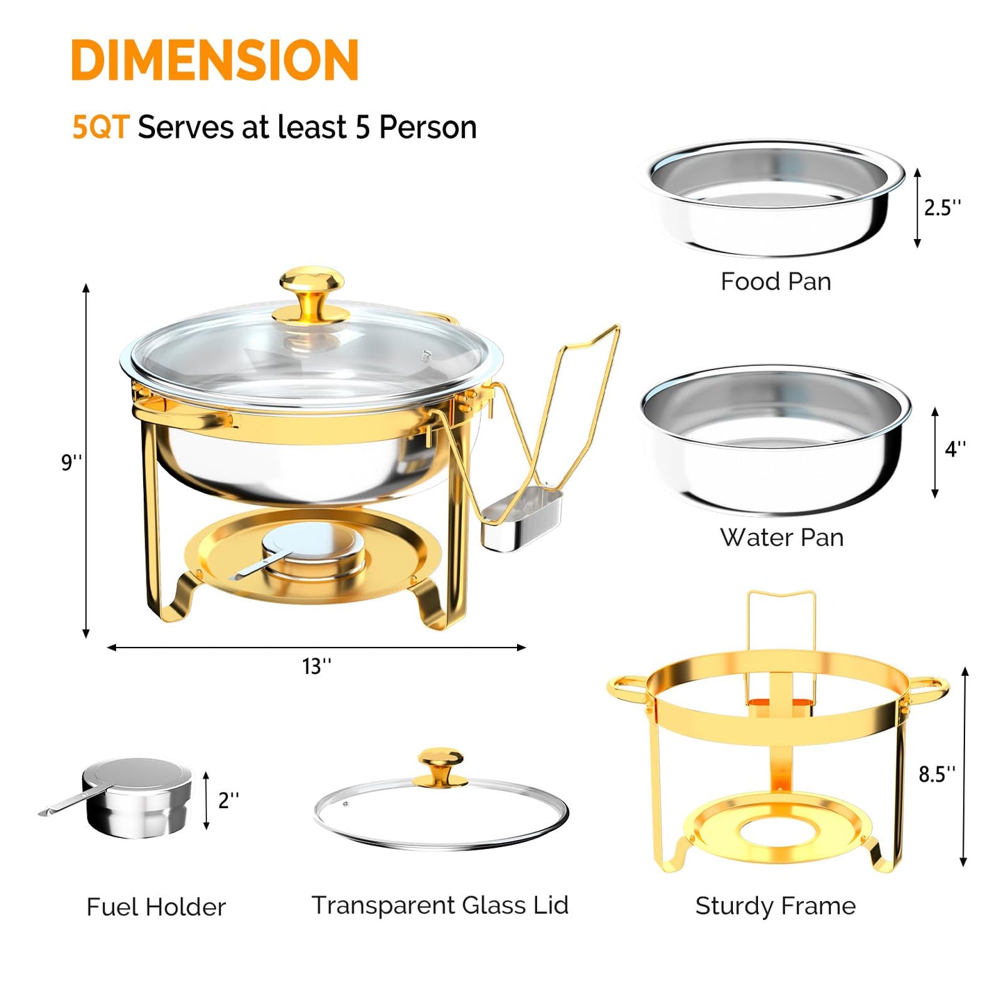 ROVSUN Chafing Dishes for Buffet 8Pack, 6QT Round Chafing Dish Buffet Set with Glass Lid & Lid Holder, Stainless Steel Chafers and Buffet Warmers Sets for Party Wedding Catering Events, Gold
