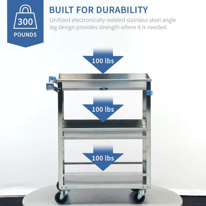 Lakeside Manufacturing 316 Guard Rail Utility Cart, Stainless Steel, 3 Shelves, 300 lb. Capacity (Fully Assembled)