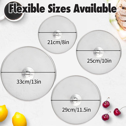 MOAMUN 4PCS Splatter Screen for Frying Pan, Stainless Steel Grease Splatter Guard, Hot Oil Splatter Screen with Foldable Knob, Ultra-Fine Mesh No Burns Keeps Kitchen Clean(8", 10", 11.5", 13")