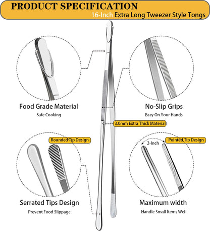 JETKONG 2 Pcs 16-Inch Kitchen Tweezers Extra Long Tweezer Tongs, Heavy Duty Stainless Steel Cooking Tweezers (Silver)
