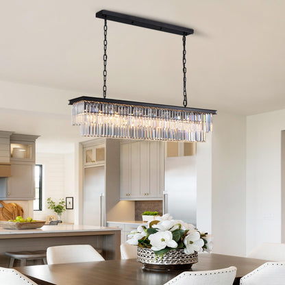 NOXARTE Rectangle Chandeliers for Dining Room, Modern Rectangular Crystal Chandelier Black 8 Lights Pendant Fixture for Kitchen Island Bar Living Room L47 Inch