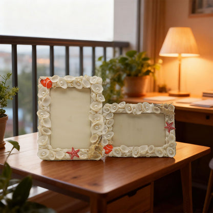 Fenzonmic DIY Wooden Photo Frame Kit 2-Pack, Includes Cream Glue Gun & Resin Decor (Shells, Pearls, Sea-Themed) for 4x6 Inch (10x15cm) Pictures, Creative Craft Gift for Friends and Family