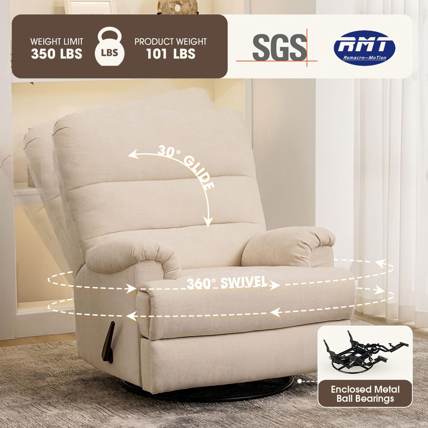 Divanus Large Glider Rocker Recliner,Beige Swivel Rocking Recliner Chair,Reclining Sofa Rocking Chair Nursery,23 Inches Deep Seat & 27 inches High Back,for Living Room, Bed Room‎ (Beige)