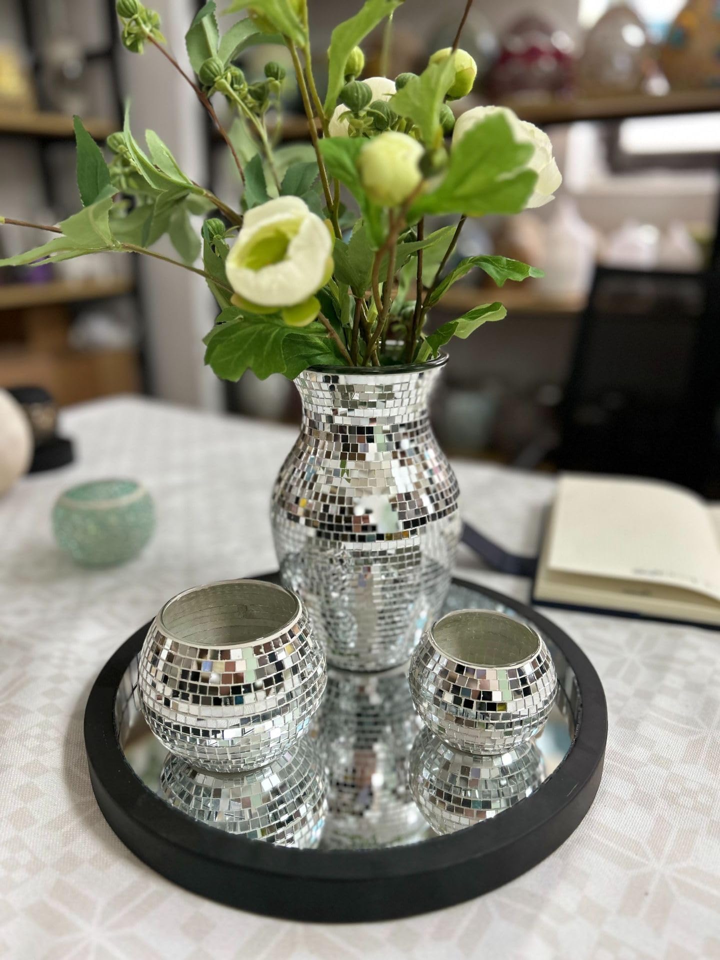 SOUJOY Disco Vase, Silver Mosaic Mirror Vase for Centerpiece, Handmade Glass Bud Vase for Wedding Flower Arrangeme, Living Room, Kitchen, Home Decor