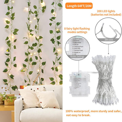 24 Pack 173ft 200 CEWOR Fake Ivy Vines, Artificial Ivy Garland with LED String Lights, Hanging Plants Greenery Backdrop