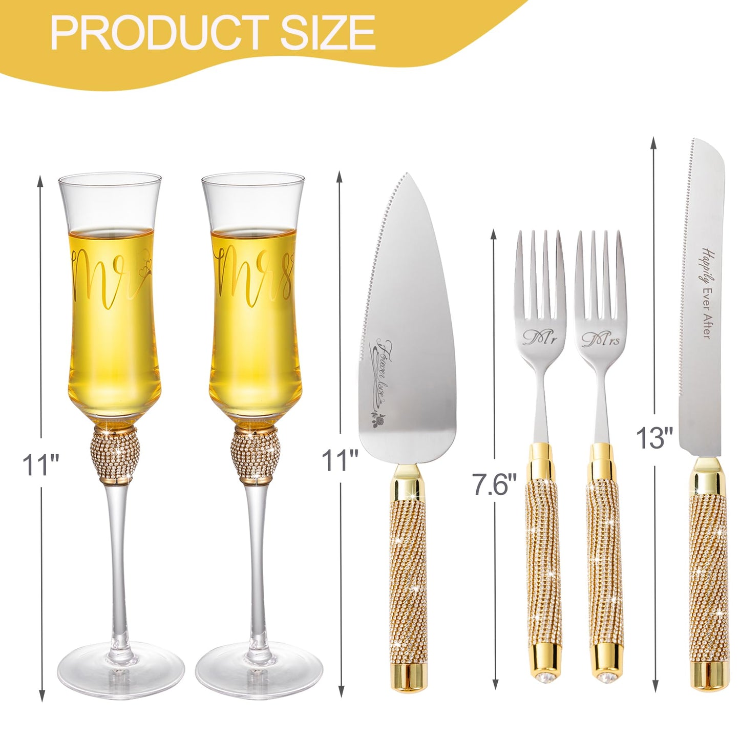 VARLKA Wedding Cake Knife and Server Set, Gold Cake Cutting Set for Wedding, Mr and Mrs Champagne Flutes for Bridal Shower Gifts Engagement Gifts for Couples