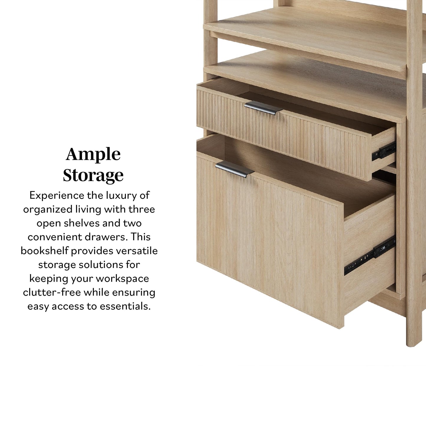 Walker Edison Transitional Open Reeded 4-Shelf Bookshelf with Drawers on Bottom, Versatile Bookcase with Bottom Storage for Home Office, Living Room, Bedroom, 33”W x 16.75”D x 70”H, Coastal Oak