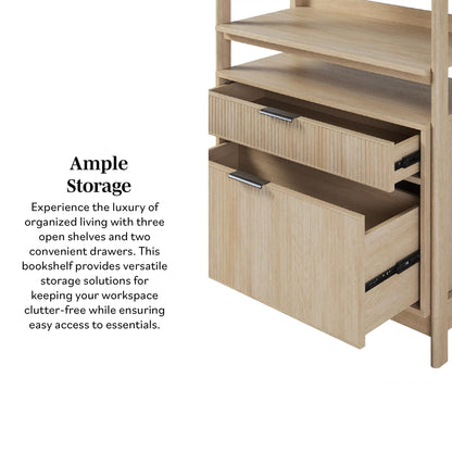 Walker Edison Transitional Open Reeded 4-Shelf Bookshelf with Drawers on Bottom, Versatile Bookcase with Bottom Storage for Home Office, Living Room, Bedroom, 33”W x 16.75”D x 70”H, Coastal Oak