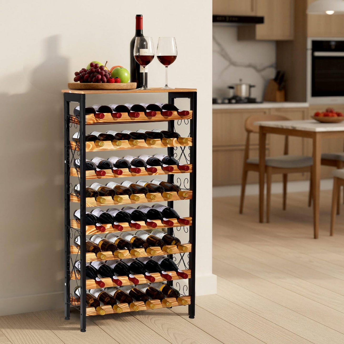 VEVOR 48 Bottle Wine Rack,8-Tier Iron Wine Bottle Holder with Wood Table Top,Freestanding Floor Display Wine Storage Shelves,for Kitchen Pantry, Cellar, Bar, Dining Room,26''L X 9.3''W X 46.9''H