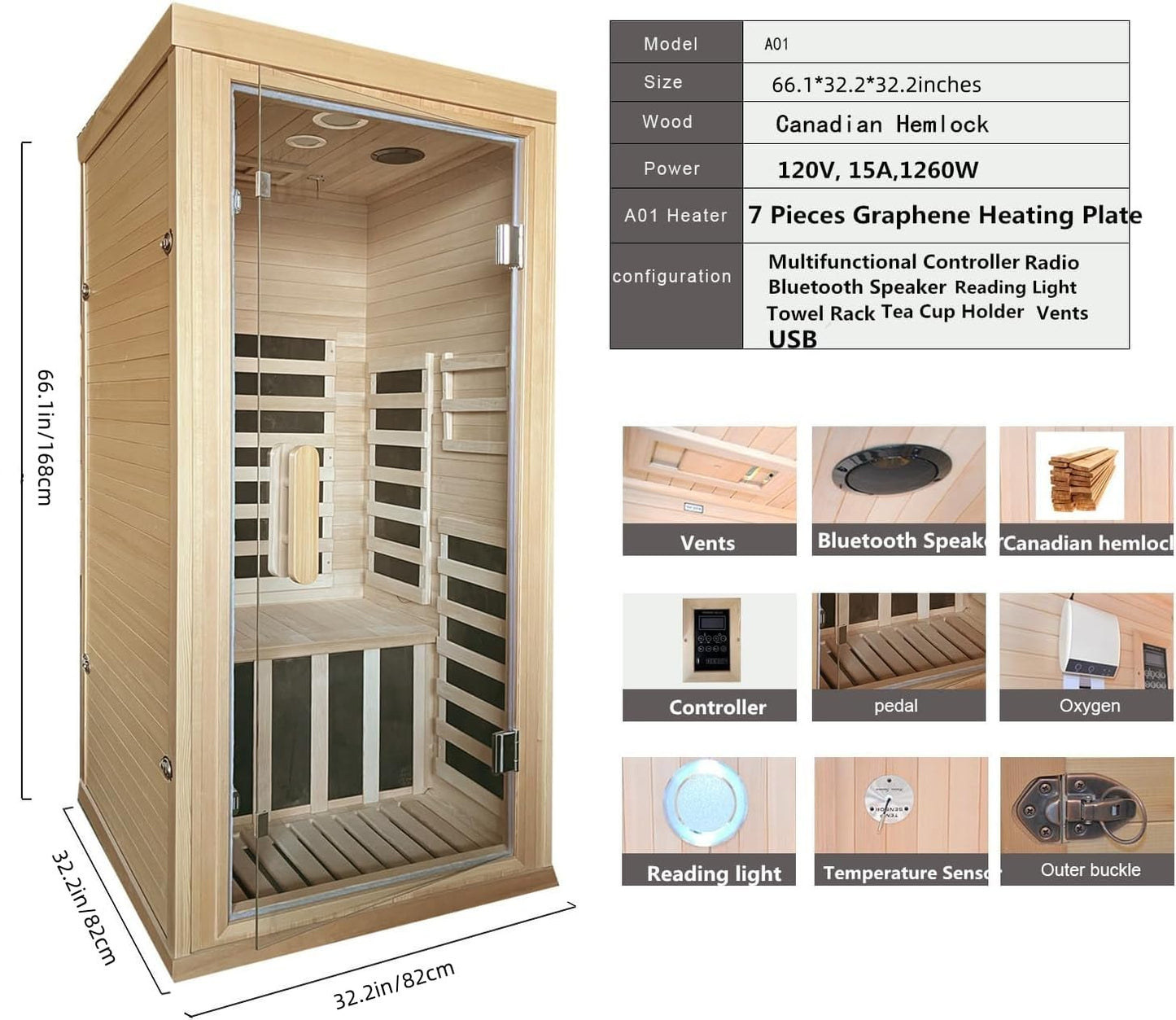 Kang Share Dynamic Home Infrared Sauna Room 1 to 2 Person Wooden Canadian Hemlock 1260W Graphene Carbon Plate Heater Indoor Saunas
