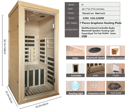 Kang Share Dynamic Home Infrared Sauna Room 1 to 2 Person Wooden Canadian Hemlock 1260W Graphene Carbon Plate Heater Indoor Saunas
