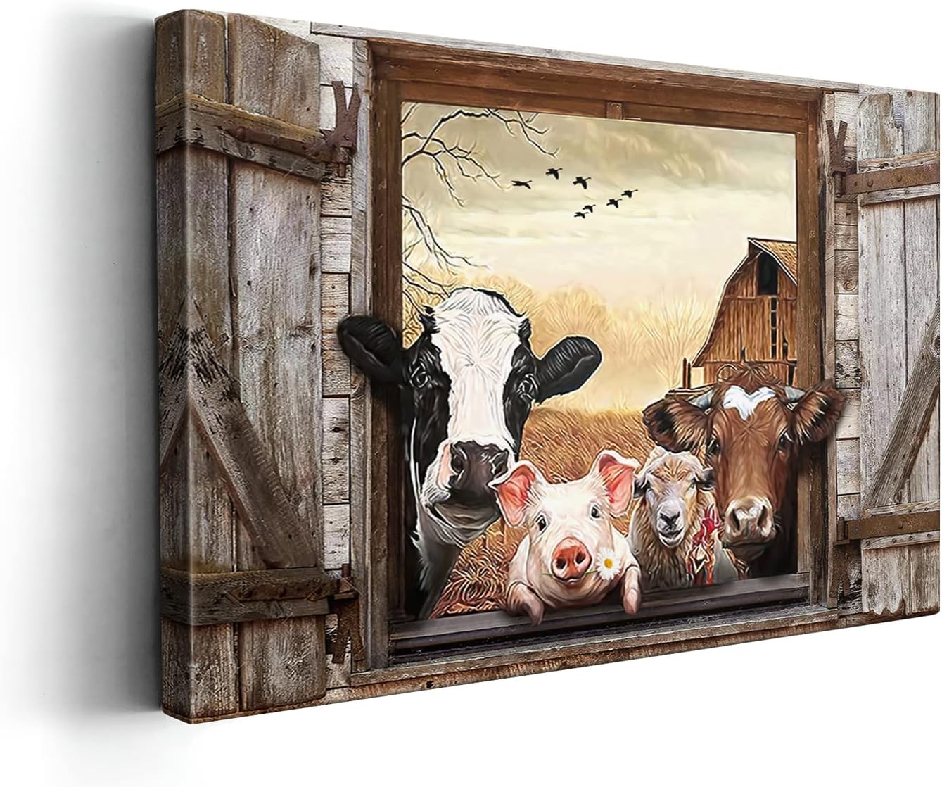 Kasluolo Farmhouse Animals Wall Art, Cow in Fake Window Landscape Picture, Framed Artwork for Bathroom or Office 12x16