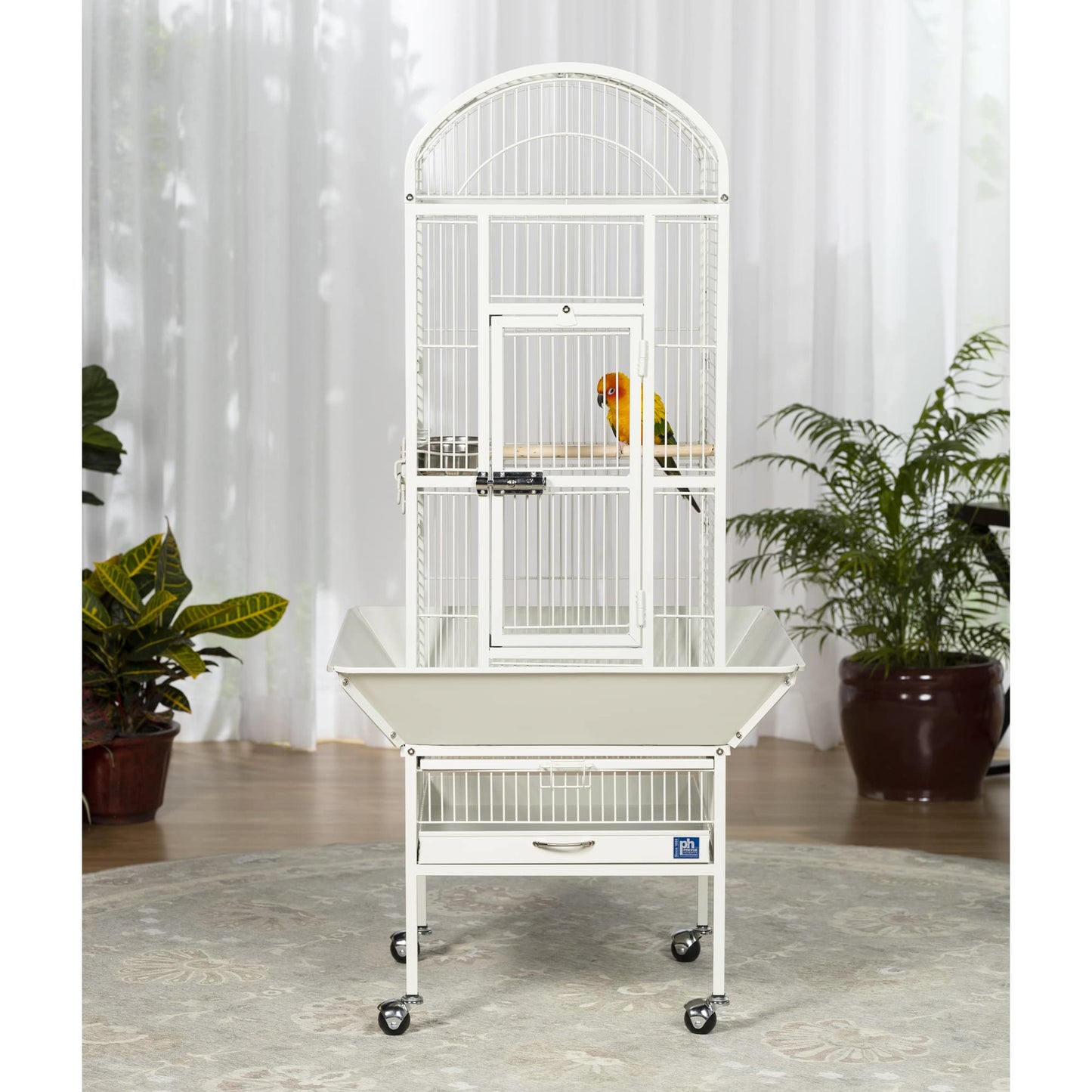 Prevue Pet Products Dome Top Bird Cage - Powder‑Coated Steel Cage with Wheels, Push Button Locks, Seed Guards and Perch, Ideal for Cockatiels, and All Small-Medium Sized Birds - Chalk White