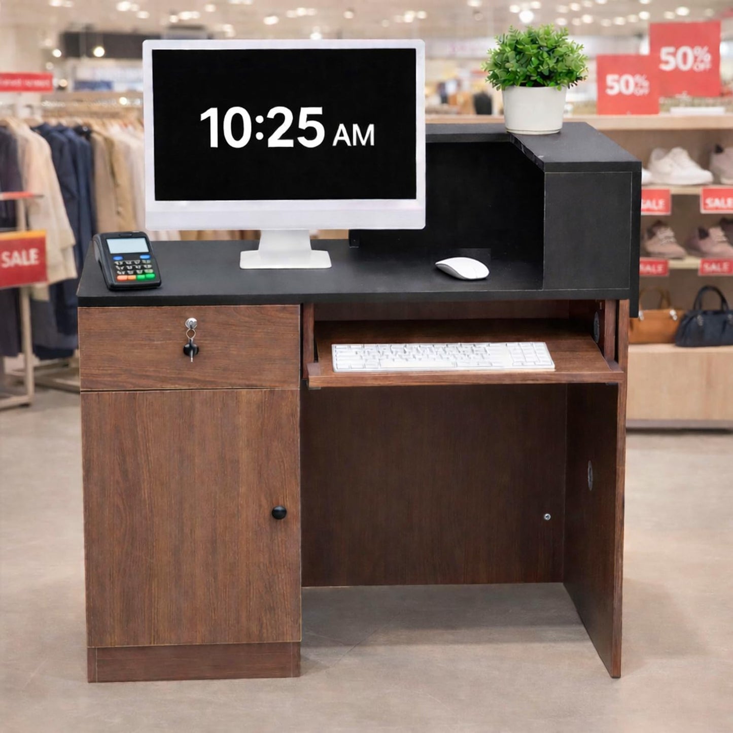Modern Reception Desk with Storage Drawer & Counter Shelf, 39.4" Front Counter Reception Table for Office, Salon, Lobby, Retail Store (Walnut, Left Table)