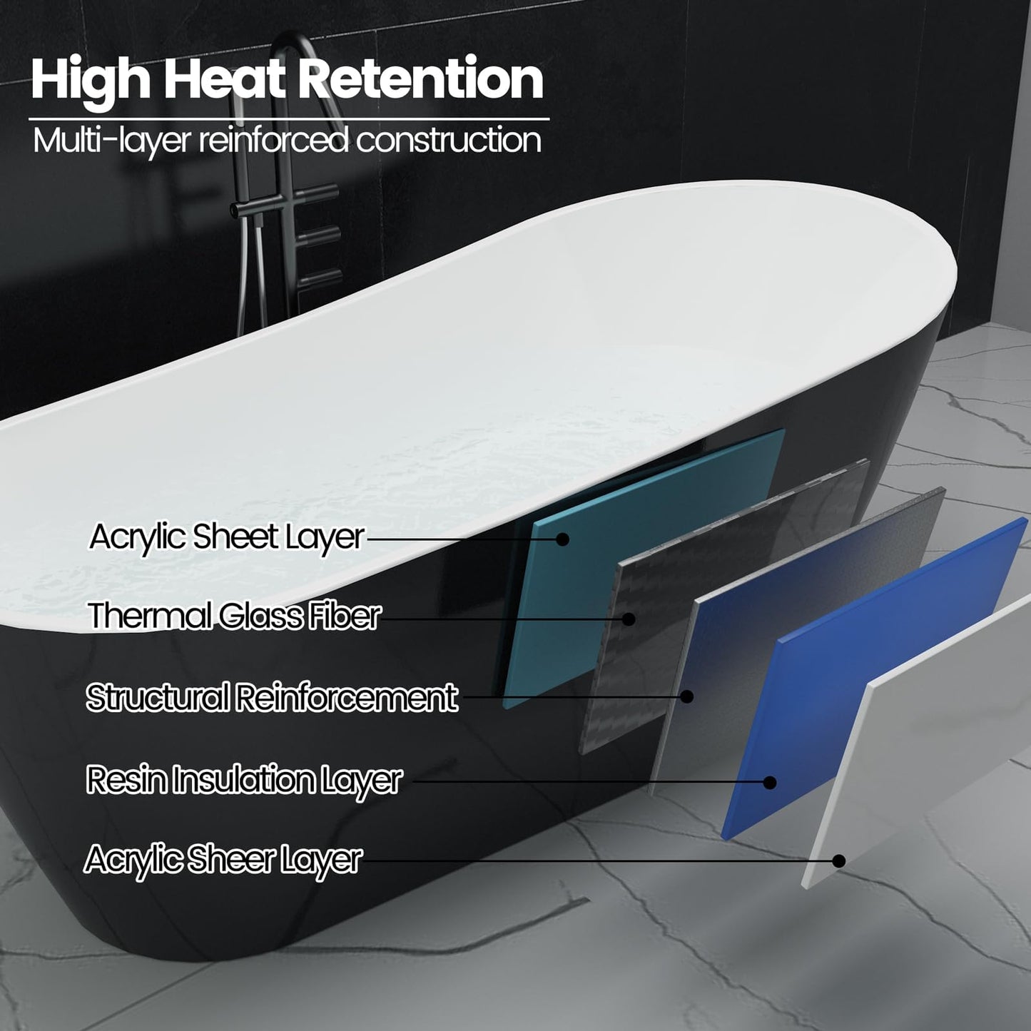 67" Acrylic Freestanding Bathtub, Black Exterior White Interior, Acrylic Stand Alone Tub with Chrome Drain, Spa Bath