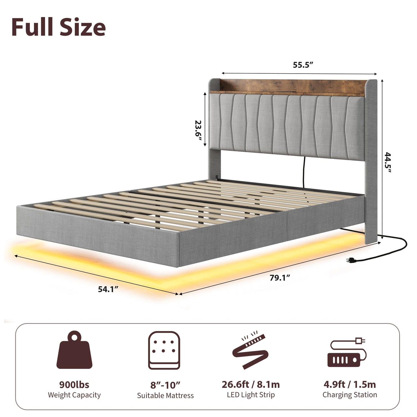 GarveeHome Floating Bed Frame Full with LED Lights & USB Charging Station – Modern Upholstered Platform Bed with Headboard, Solid Wood Slats Support, No Box Spring, Easy Assembly, Noise-Free, Grey