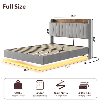 GarveeHome Floating Bed Frame Full with LED Lights & USB Charging Station – Modern Upholstered Platform Bed with Headboard, Solid Wood Slats Support, No Box Spring, Easy Assembly, Noise-Free, Grey