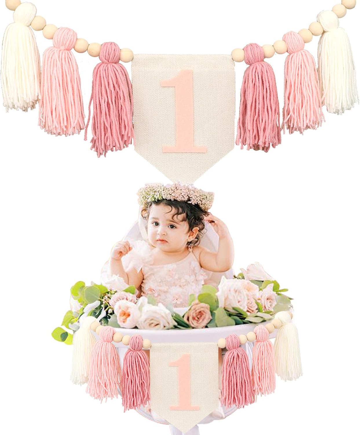 1st 1 Boho Pink Handmade Birthday High Chair Banner First Highchair Banner For Baby Girls Wild One Wall Hangings Wood
