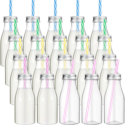 20 Sets (8 oz,Pastel Yinkin Plastic Milk Bottles with Straws Lids Clear Plastic Containers for Dairy Milk Party Bottle