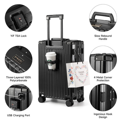 MYER Hard Case 26 Inch Checked Luggage with Spinner Wheels,Aluminum Luggage with 100% 3-Layer PC,Hard Shell Suitcases with Wheels,Cup Holder and USB Port