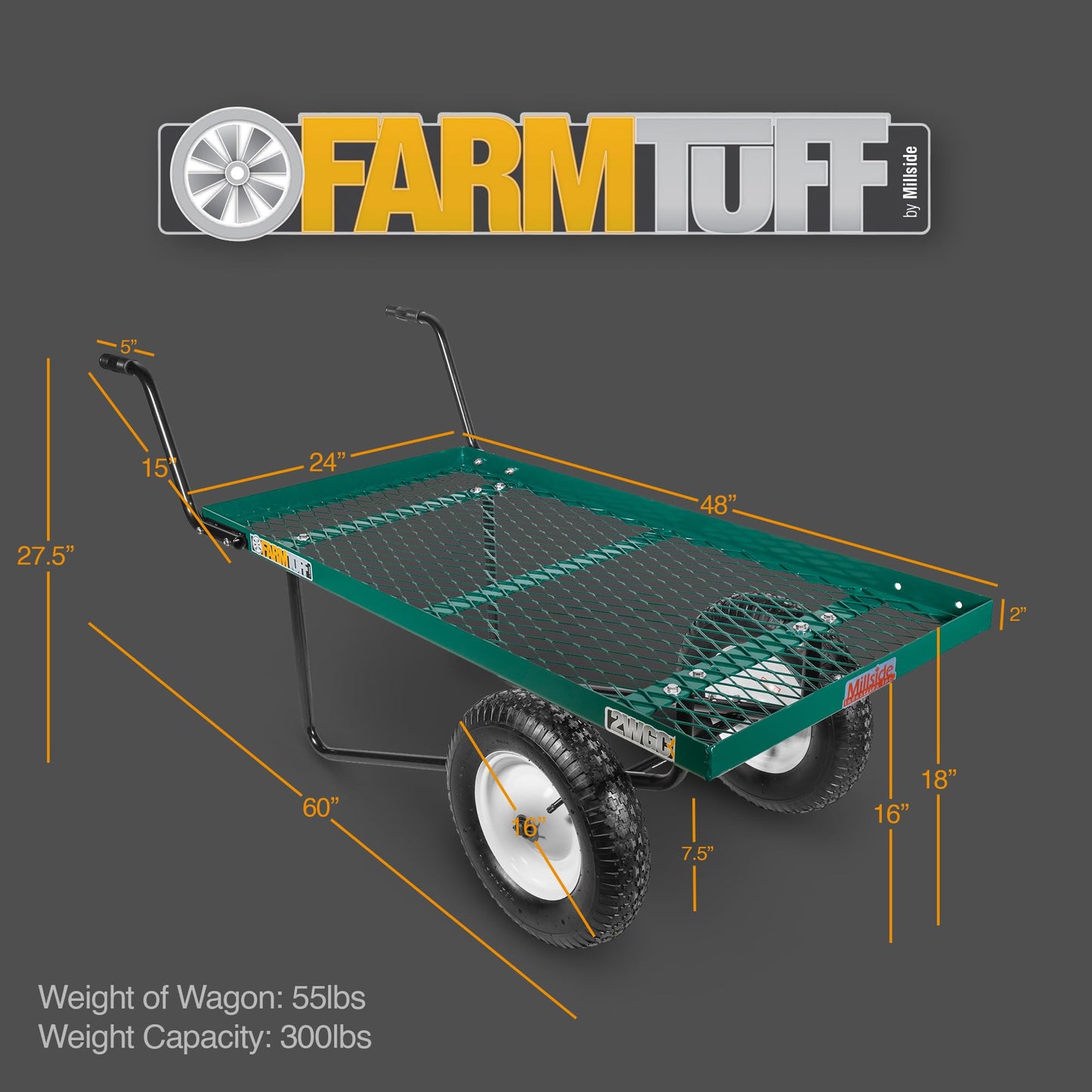 FARM-TUFF Two-Wheel Pushcart, Green - Heavy-Duty Metal Garden Utility Cart with 48" x 27" Flat Deck, 300lb Capacity, Pneumatic Tires & Easy-Grip Handles for Greenhouses, Nurseries & Yard Work