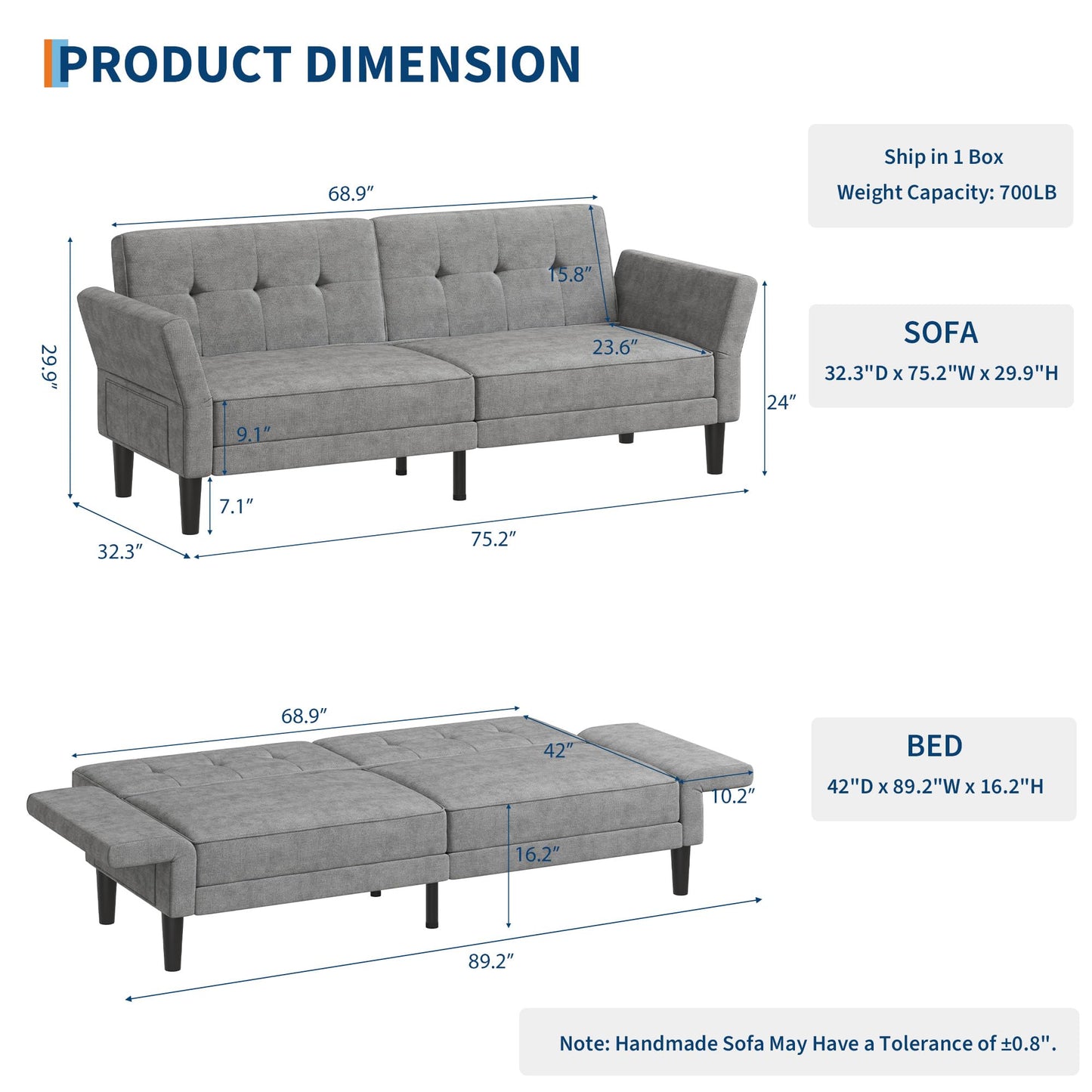 89" Futon Sofa Bed, Modern Sleeper Couch with Adjustable Backrest & Armrest, Convertible Couch Bed with Deep Seat for Living Room Bedroom, Apartments